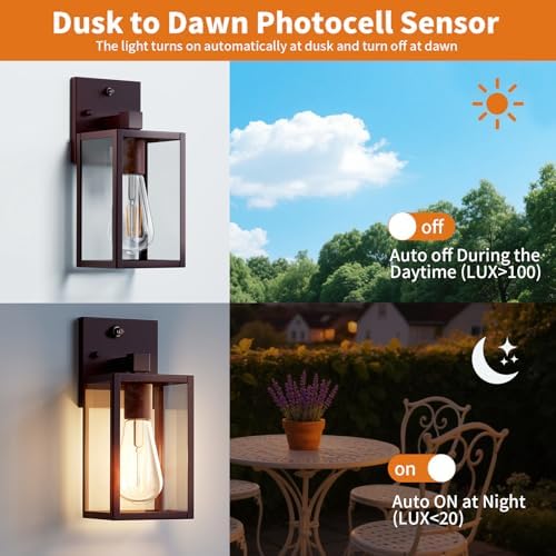 2 Pack Oil Rubbed Bronze Dusk to Dawn Outdoor Lantern Lamp Wall Mount, Sensor Exterior Lighting Fixtures, Outside Porch Lights for House, Waterproof Wall Sconce Lights, Coach Light for Garage Entryway - Image 2