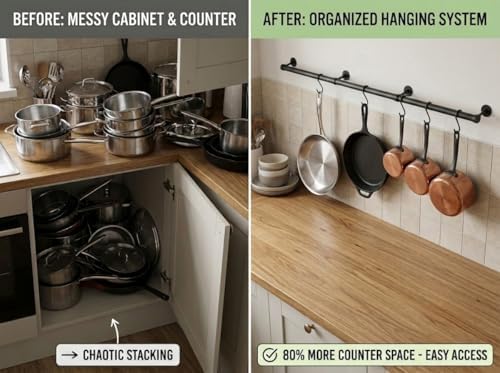 Wooden Pot Rack Wall Mounted - Pans Hanging Rack and Detachable Kitchen Lids Utensils Hanger (Black, 33.9inch/2 Pack) - Image 5