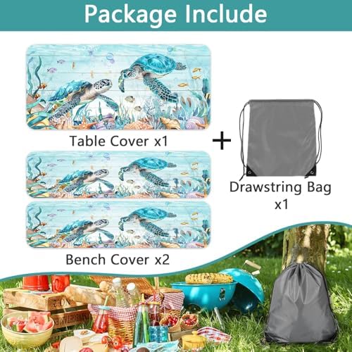 Ocean Sea Turtles Picnic Table Cover with Bench Covers and Bag, Camping Essentials, Waterproof Windproof, Fitted Tablecloth Cover with Elastic Edge, for Indoor & Outdoor, Garden, 3 PCS, 30x96 Inch - Image 6
