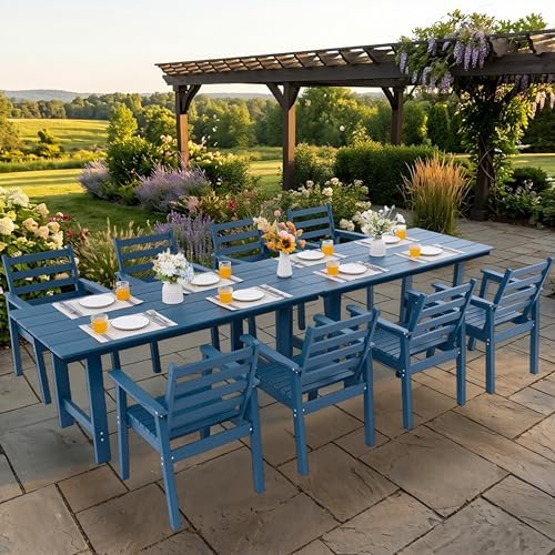 10-Piece Outdoor Dining Set, All-Weather HDPE Patio Furniture, Two 66.5" Slatted Table with 1.6" Umbrella Hole & 8 Ergonomic Armchairs, Heavy Duty 350lbs Capacity, UV Resistant, Blue by Unknown
