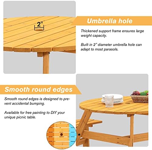 6-Person Circular Outdoor Wooden Picnic Table for Patio, Backyard, Garden, DIY w/ 3 Built-in Benches, 1720lb Capacity - Natural - Image 3