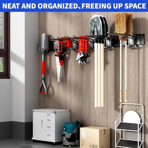 Garage Tool Organizer Wall Mount, 48 Inch Heavy Duty Garden Tool Organizer Storage System, Easy Install with 6 Adjustable Hooks, for Garage, Basement, Shed, Workshop, Black, Steel - Image 5