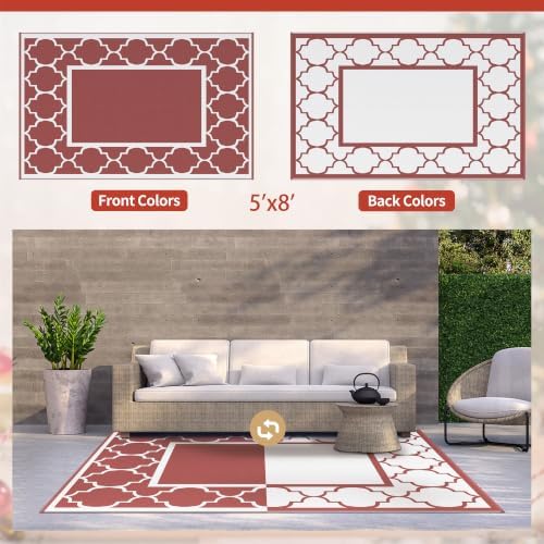 GENIMO Outdoor Rug, Waterproof Plastic Rugs for Patio, 5'x8' Red White - Image 6