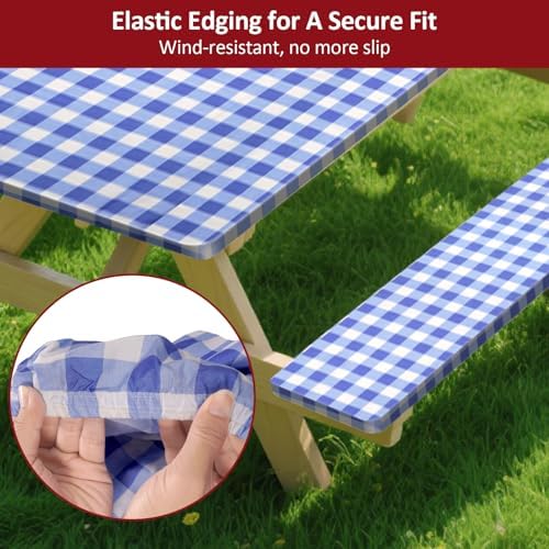 7ft 84in Picnic Table and Bench Cover, 3 Pack, Blue-White Checkered - Image 4