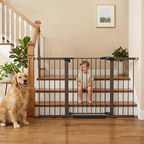 Mumeasy 29.7-57" Extra Wide Baby Gate, Auto Close Large Dog Gate for Doorways, No Drilling Pressure Mounted Pet Safety Gate for Stairs, Easy Walk Through Child Gate for Hallways, House, Indoor, Brown by Mumeasy-FocusonBabyPetSafetyGate