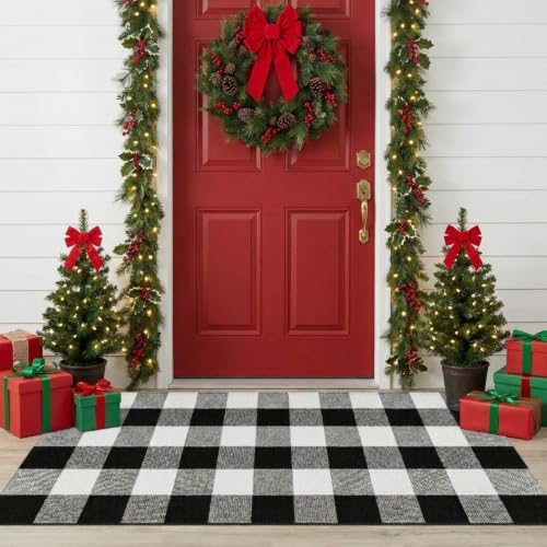 SEEKSEE Fall Decor Buffalo Plaid Outdoor Rug 24x52 Black and White Front Door Mat, Layering Rug for Porch, Washable Doormat, Cotton Area Rug for Outdoor Entrance Entryway Patio Porch Decor - Image 4
