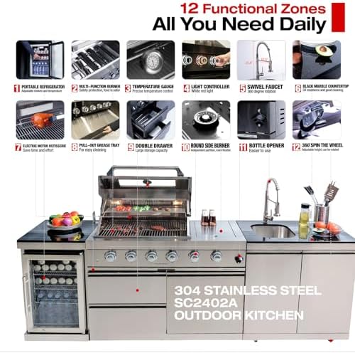98.4 Inch Outdoor Kitchen Island, 72000 BTU Modular Propane Gas Grill Combination With Refrigerator and Sink, Outdoor Stainless Steel Barbecue Bar, Propane Grill for Patios, Gardens, Parties - Image 2