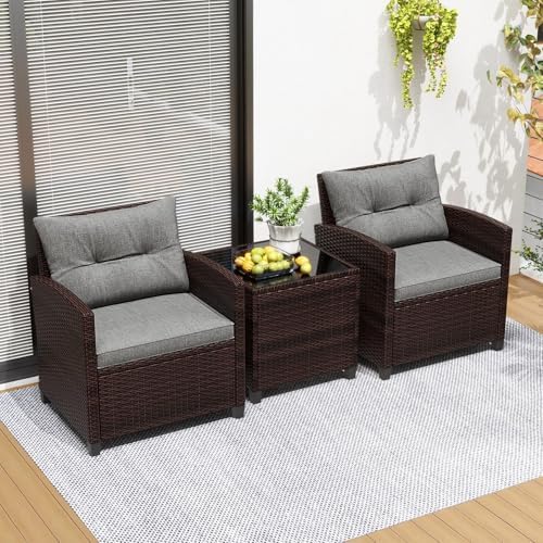 RELAX4LIFE 3-Piece Patio Furniture Set - Wicker Bistro Conversation Set w/2 Cushioned Armchairs & Glass Topped Table, Outdoor Rattan Sofa for Porch Balcony Poolside (Grey) - Image 2
