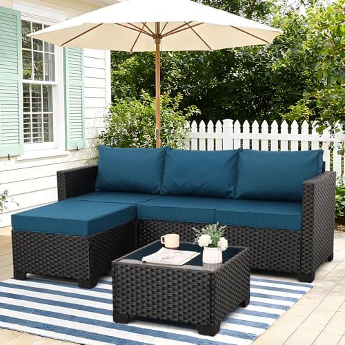 Oasishine 3 Pieces Patio Furniture Set Outdoor Sectional Wicker Patio Furniture Patio Couch with Ottoman and Outdoor Glass Table Weathering Anti-Slip Cushions Waterproof Covers, Peacock Blue by Unknown