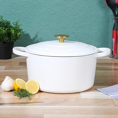 Crock Pot Artisan 6-Quart Round European Enameled Dutch Oven Pot With Lid - Matte Linen White w/Gold Knob - Image 3