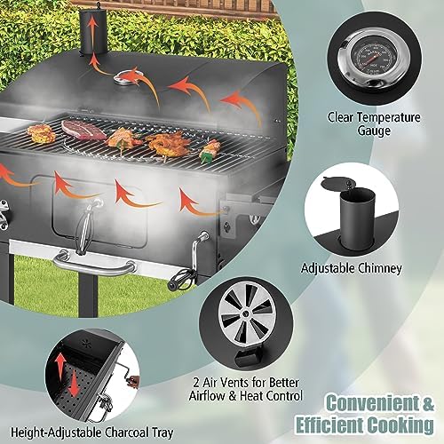 Giantex Charcoal Grill 24 inch, BBQ Grill with 2 Foldable Side Table, Adjustable Charcoal Tray, Pull-out Ash Tray, Heavy Duty Barbecue Grill with Wheels for Outdoor Cooking Camping Backyard Party - Image 5