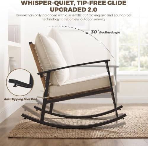 TARKARI 3-Piece Patio Rocking Chairs Set of 2, Rocking Chair Bistro Set [Upgraded 2.0] & 2-Tier Coffee Table, Wicker Rocking Chair Outdoor Patio Furniture Set for Backyard, Porch, Balcony (Beige) - Image 3