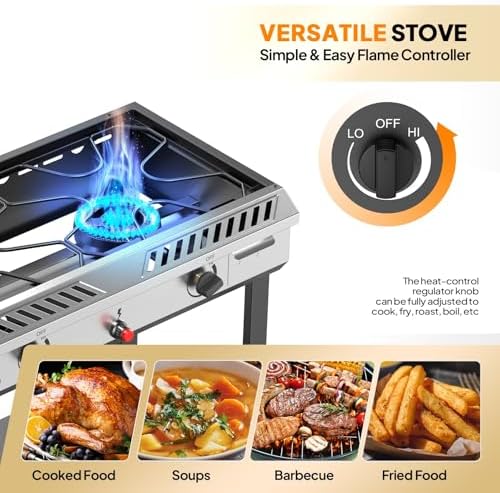 Bonnlo 2 Burner Propane Gas Stove with Auto Ignition, 150,000 BTU Portable Outdoor Camp Cooker Stove with Convenient Shelf & Smooth Rolling Wheels for Backyard, Camping, Tailgating, Patio Parties - Image 5