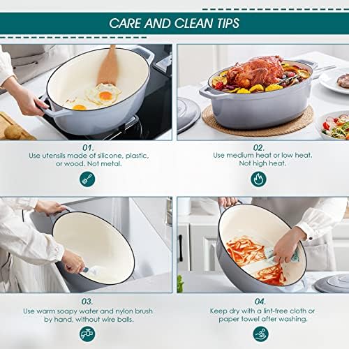 vancasso 9.3 Qt Oval Enameled Cast Iron Dutch Oven with Lid, Grey - Image 6