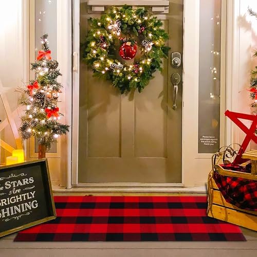 Christmas Red and Black Plaid Rug, 28 x 43 Inches Cotton Hand-Woven Layered Door Mat for Front Porch, Entryway, Outdoor Holiday Decor, Washable Buffalo Check Rug for Home, Patio, Kitchen by Homydecor