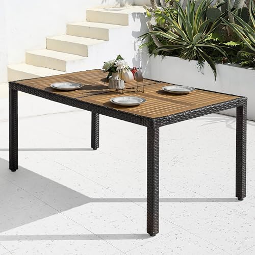 NUU GARDEN 59 x 35 Inch Outdoor Patio Dining Table for 6, Acacia Wood Slatted Tabletop with Rattan Wrapped Metal Frame, All Weather Outdoor Table for Garden Backyard Lawn, Black - Image 3