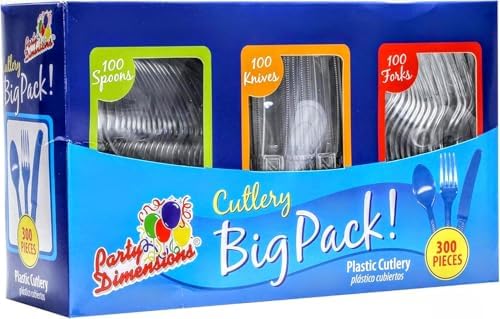 Party Dimensions 300 Count Plastic Cutlery Combo Box, Disposable Clear Plastic Silverware Utensils Set, 100 Forks, 100 Spoons, 100 Knives by PartyDimensions