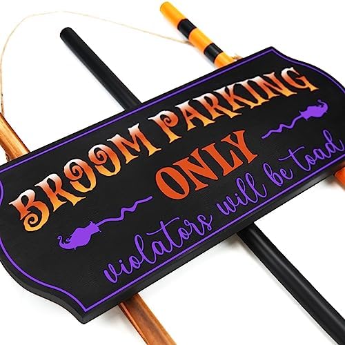 Halloween Decorations - Broom Parking Sign with 3 Wooden Witches Brooms - Image 3