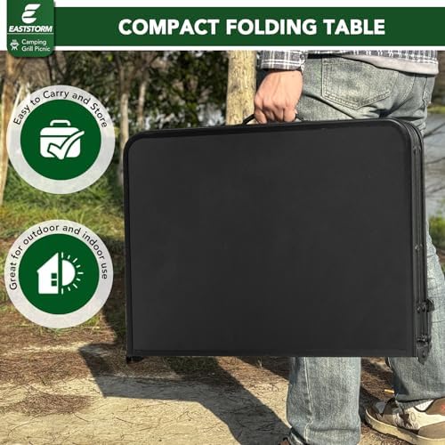 E EASTSTORM 35 inch Folding Table for 4 Person, Heavy-Duty Metal Tabletop, 2 Adjustable Height Camping Table, Portable Outdoor Table with Carrying Handle,for Patio, Picnic, Parties, BBQs, Black - Image 6