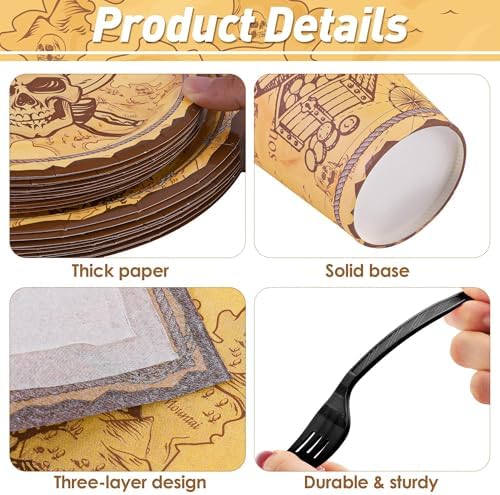 Kochorie 144 Pieces Pirate Party Supplies, Treasure Map Tableware Sets Including Disposable Paper Plates Napkins Cups Forks Serves 24 for Treasure Theme Birthday Party Decorations - Image 3
