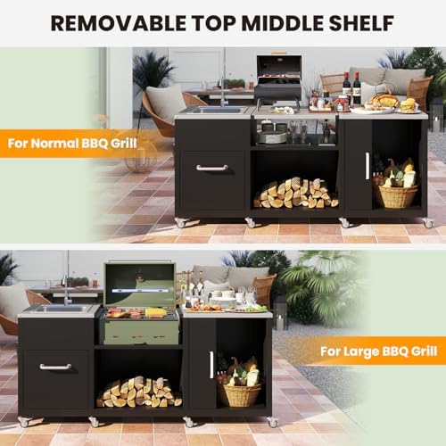 Happygrill 80” Outdoor Grill Table with Sink & Drainage, Wheels - Image 3