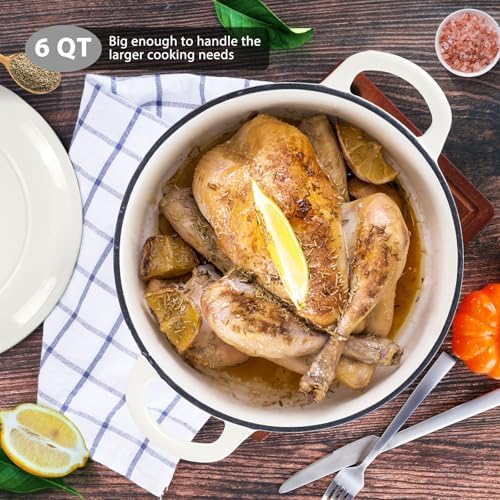 E-far 6 Quart Dutch Oven, Enameled Cast Iron Dutch Oven Pot with Lid, Nonstick Round Cookware for Braising/Stews/Roasting/Bread Baking/Cooking, Heavy Duty, Induction & Oven Safe - White - Image 6