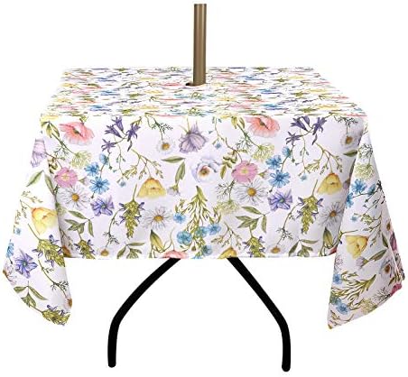 ColorBird Spring & Summer Outdoor Tablecloth Waterproof Spillproof Polyester Fabric Table Cover with Zipper Umbrella Hole for Patio Garden Tabletop Decor (60" Square, Zippered, Watercolor Floral) by ColorBird