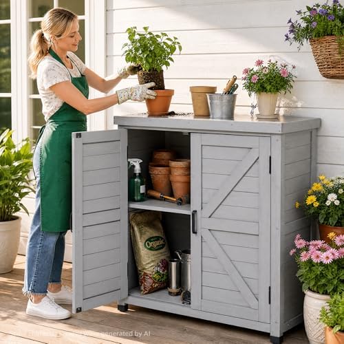 Outdoor Storage Cabinet with Metal Tabletop, Cedar Wood Garden Workstation - Image 2