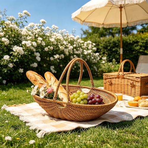 RT&BS Wicker Egg-collecting Basket with Handles, Wicker Bread Basket Oval, Handwoven Fruit Basket with Handles, Reusable Storage Baskets for Living Room, Kitchen, Store, Restaurant, Outdoor (Brown, M) - Image 4
