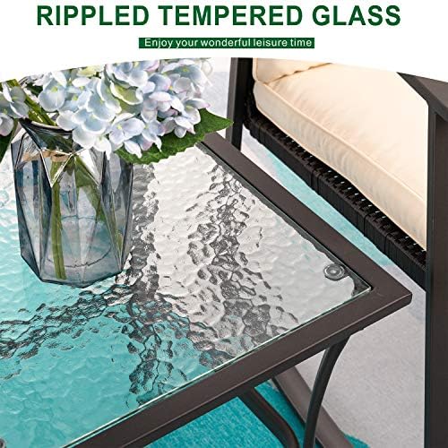 Shintenchi Outdoor 3-Piece Rocking Bistro Set,Wicker Patio Furniture Porch Chairs Conversation Sets with Glass Coffee (Beige Cushion) - Image 5