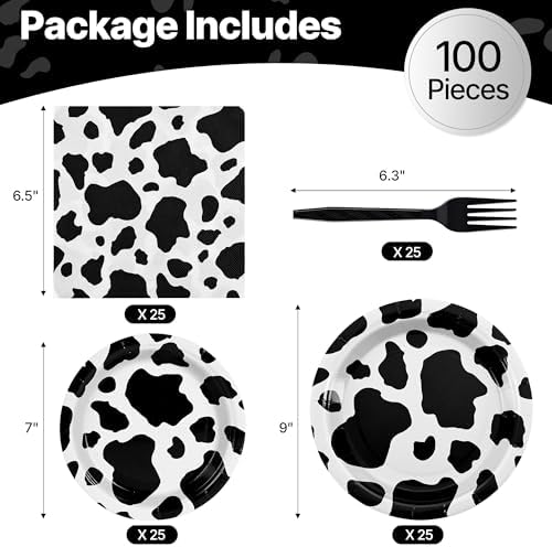 100 Pcs Disposable Black Cow Print Tableware Set for 25 Guests - Image 2