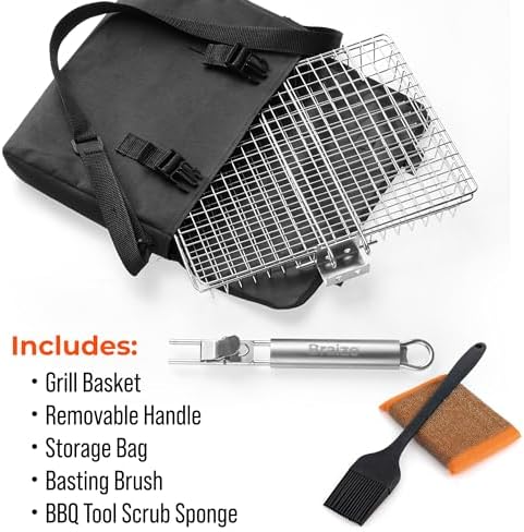Stainless Steel Large Grill Basket with Removable Handle – 12.25 x 9.5 x 1.5 Inch BBQ Vegetable Basket with Easy Open Lid, Silicone Basting Brush & Scrub Sponge – Outdoor Cooking & Camping Accessory - Image 3