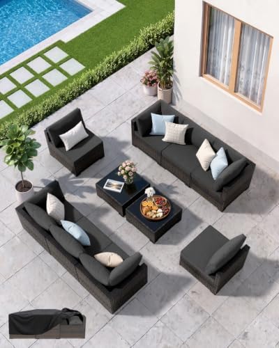 Patio Furniture Set - All-Weather - 10 Piece Patio Outdoor Conversation Set, Modular Wicker Rattan Sectional Sofa for Backyard, Garden, Poolside, Balcony, Porch, Patio, Brown/Dark Gary by Unknown