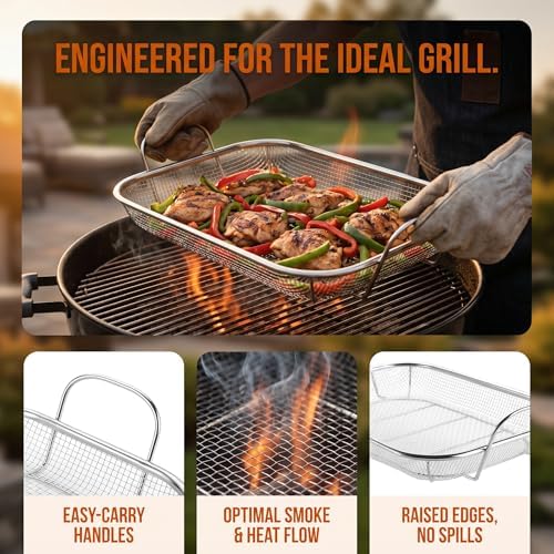 WUWEOT Grill Basket, Vegetable Barbecue Basket, 15" x 11" Stainless Steel Square Wire Mesh Grilling Basket Roasting Pan with Two Handles for Vegetables, Chicken, Meats and Fish - Image 3