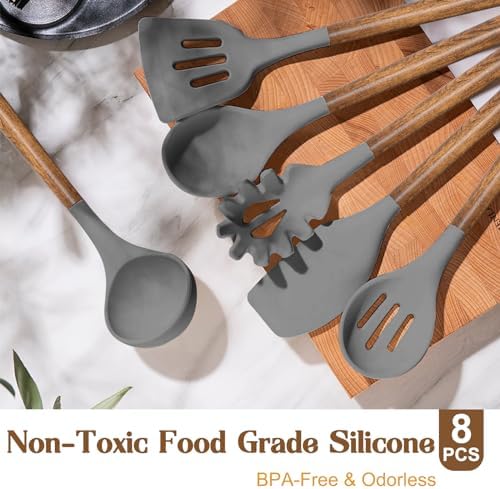 Umite Chef Silicone Cooking Utensil Set, 8-Piece Kitchen Utensils Set with Natural Acacia Wooden Handles,Food-Grade-Silicone Kitchen Gadgets and Spatula Set for Nonstick Cookware - Grey - Image 2
