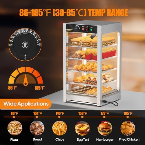 ROVSUN 5-Tier Commercial Food Warmer, 15" Pizza Warmer Food Warmer Display with LED Adjustable Lighting Glass Door Removable Shelves, Countertop Electric Food Warmer for Buffet Restaurant 110V 800W - Image 4