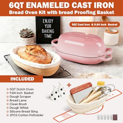 Enameled Cast Iron Sourdough Bread Oven, Dutch Oven for Bread Baking, - incl. Sourdough Bread-Baking Supplies like Banneton Bread-Proofing Basket - 5QT Loaf Cast Iron Bread Pan-Making Kit Pan, Pot, Sour Sough Tools, Lame (Pink) - Image 2