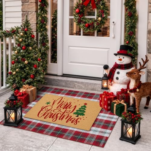 Christmas Door Mat 28"x43" Buffalo Plaid Cotton Washable Outdoor Rug - Image 3