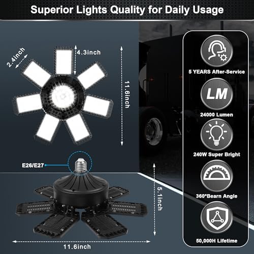 AUDLES 4 Pack LED Garage Light, 240W 24000LM 6500K LED Shop Lights, Garage Lights Ceiling Led with 7+1 Deformable Panels, E26/E27 Bulb Socket Lighting for Shop, High Bay, Attic, Basement, Warehouse - Image 4