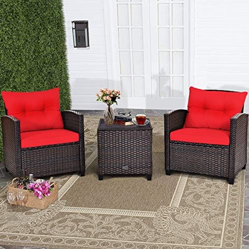 RELAX4LIFE 3 Piece Patio Furniture Set, Wicker Bistro Conversation Set w/ 2 Cushioned Armchairs & Glass Topped Table, Outdoor Rattan Sofa Set Patio Furniture for Porch Balcony Poolside (Red) by RELAX4LIFE