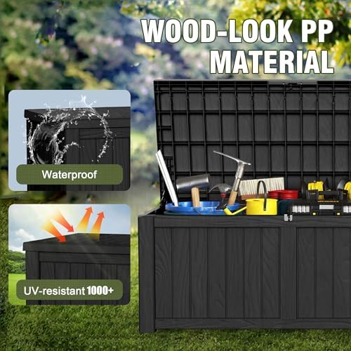 150 Gallon Outdoor Deck Box, Lockable Waterproof Outdoor Storage Boxes For Garden Tools,Indoor Cushions,Accessories Outside Storage Resin Weatherproof Container(Black) - Image 3