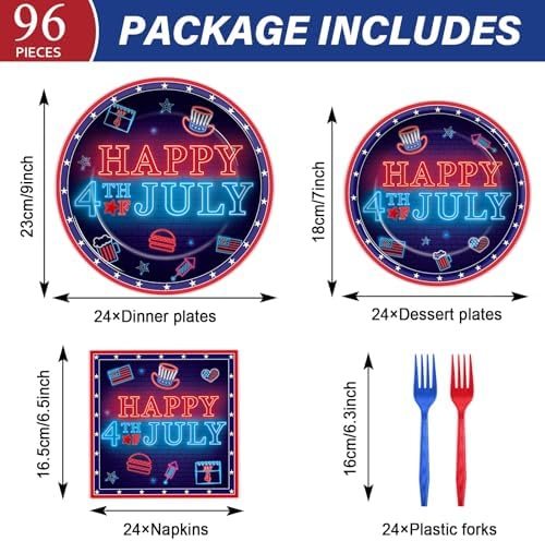 96PCS Happy 4th of July Party Plates and Napkins Neon Independence Day Decoration American Patriotic Plates Neon Red Blue Disposable Tableware for Veterans Memorial Day Birthday Gatherings Decorations - Image 2