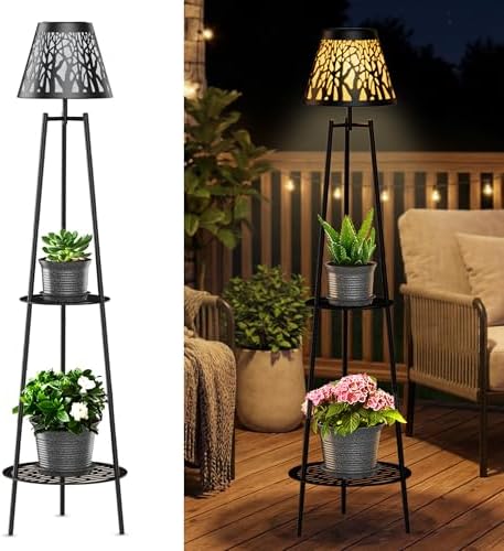 MXwcy 2-Tier Solar Plant Stand with Light, Outdoor Waterproof Floor Lamp with Tree Branch Cutout Lampshade, Tall Metal Planter Holder Display Rack for Patio, Porch, Garden, Balcony Decor (2 Pack) by MXwcy