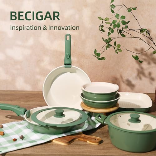 BECIGAR 23pcs Ceramic Pots and Pans Set, Nonstick Detachable Handle Cookware, Induction Kitchen Cooking Set, Include Frying Pans & Saucepans Oven Safe(Green) - Image 4