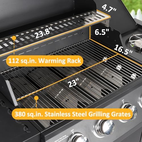 Propane Gas Grill 4 Burners with Side Burner Freestanding Grill Cart with Wheels for Outdoor Garden Cooking Barbecue Grill, Black - Image 4