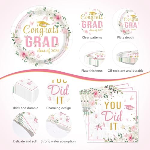 170 Pcs Graduation Pink Floral Party Decorations, Serves 24 - Image 4
