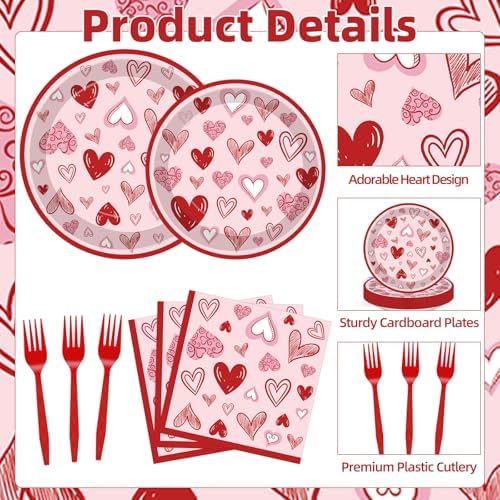 100 Pcs Valentine’s Day Heart Tableware Party Supplies Set, Serves 25 – Disposable Pink & Red Heart Paper Plates, Napkins, and Forks for Romantic Dinner, Bridal Shower, Love-Themed Party Decorations - Image 3