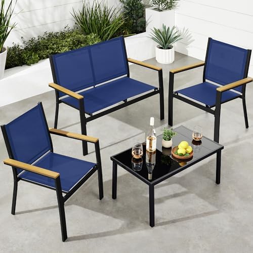 Best Choice Products 4-Piece Outdoor Textilene Patio Conversation Set, Backyard Furniture w/Loveseat, Coffee Table, Steel Frame - Black/Navy by BestChoiceProducts