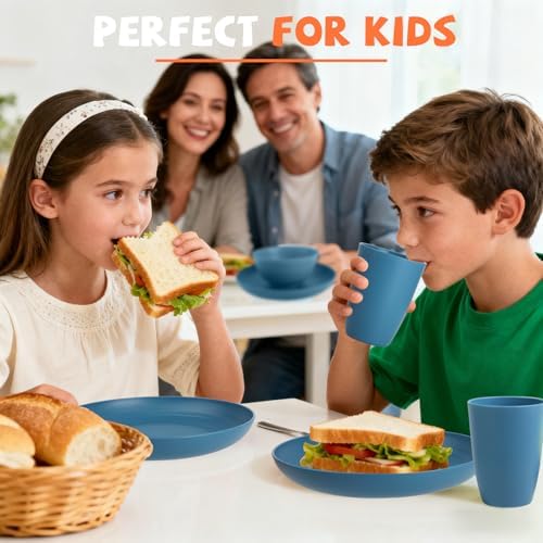 Wheat Straw Dinnerware Sets for 4, Reusable Plastic Dinner Plates, Unbreakable Kids Plates and Bowls Sets 20 PCS, Dishwasher & Microwave Safe Kitchen Camping Dorm Dish Sets- Blue - Image 4