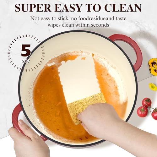 Umite Chef 7QT Enameled Cast Iron Dutch Oven with Lid & Cotton Potholders–Heavy-Duty Cookware for Bread Baking, Braising, Stews, Marinate, Cook(Red) - Image 4